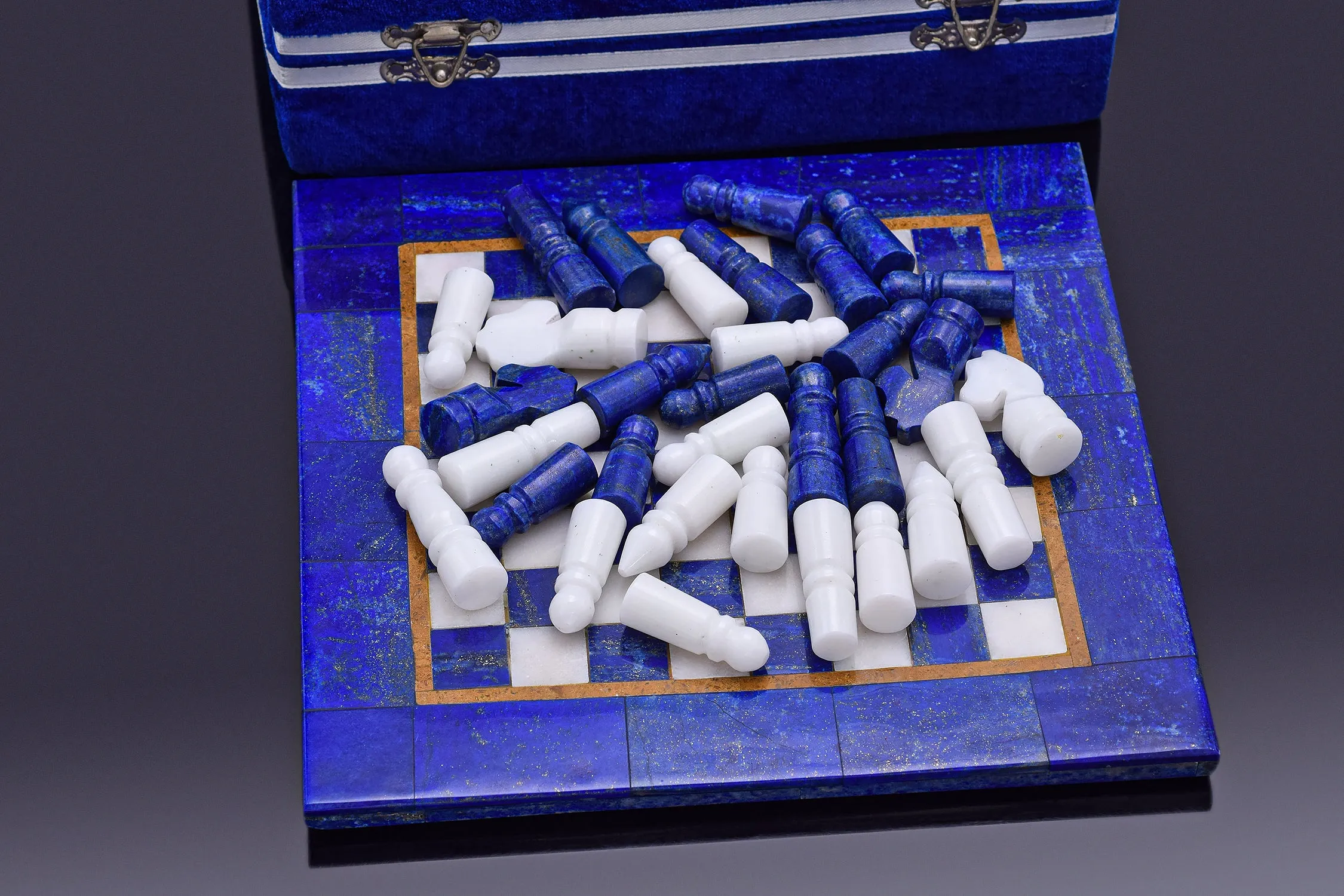 8.5 x 8.5 Inches - Lapis Lazuli & Marble Square Board Chess Set   Box