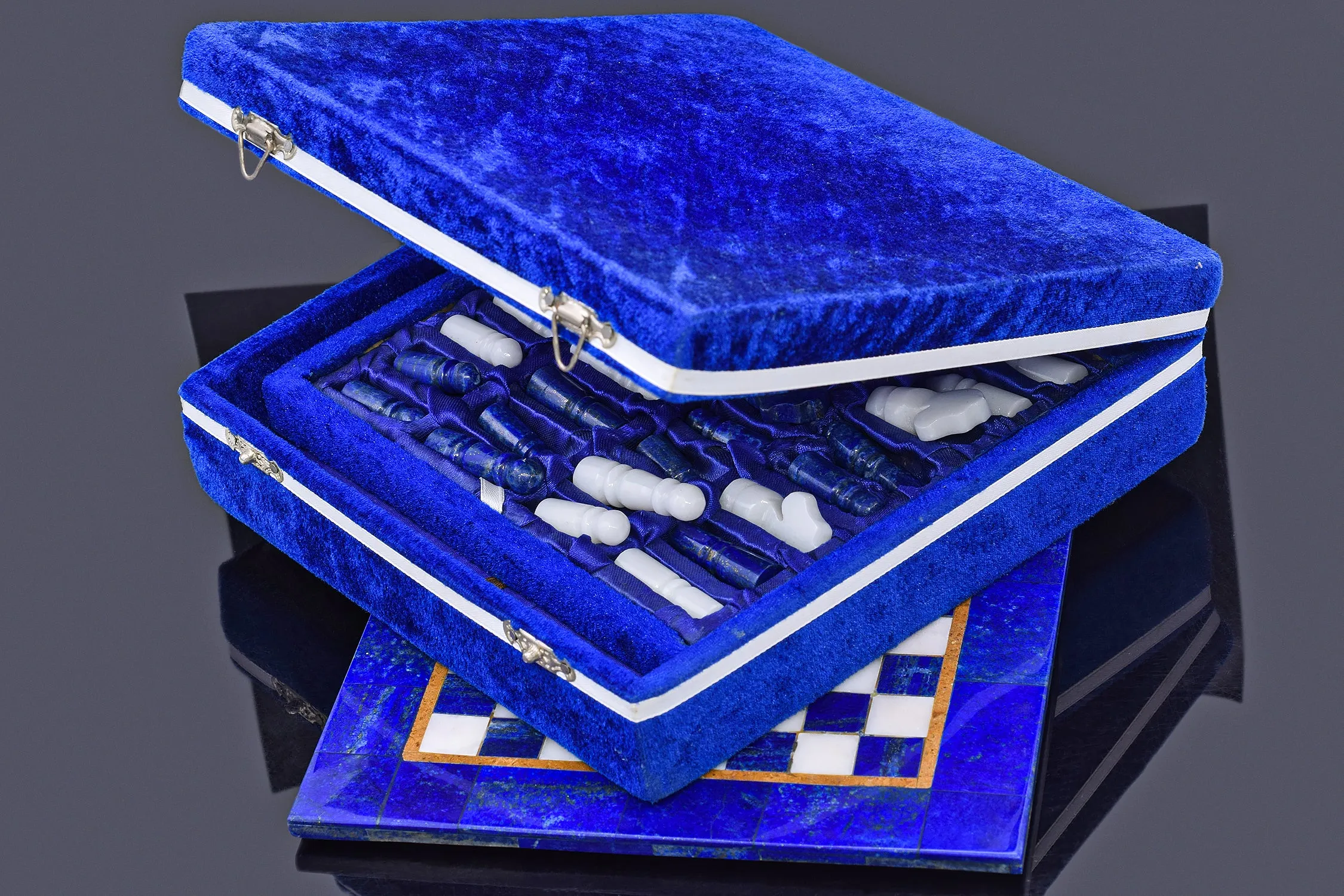 8.5 x 8.5 Inches - Lapis Lazuli & Marble Square Board Chess Set   Box