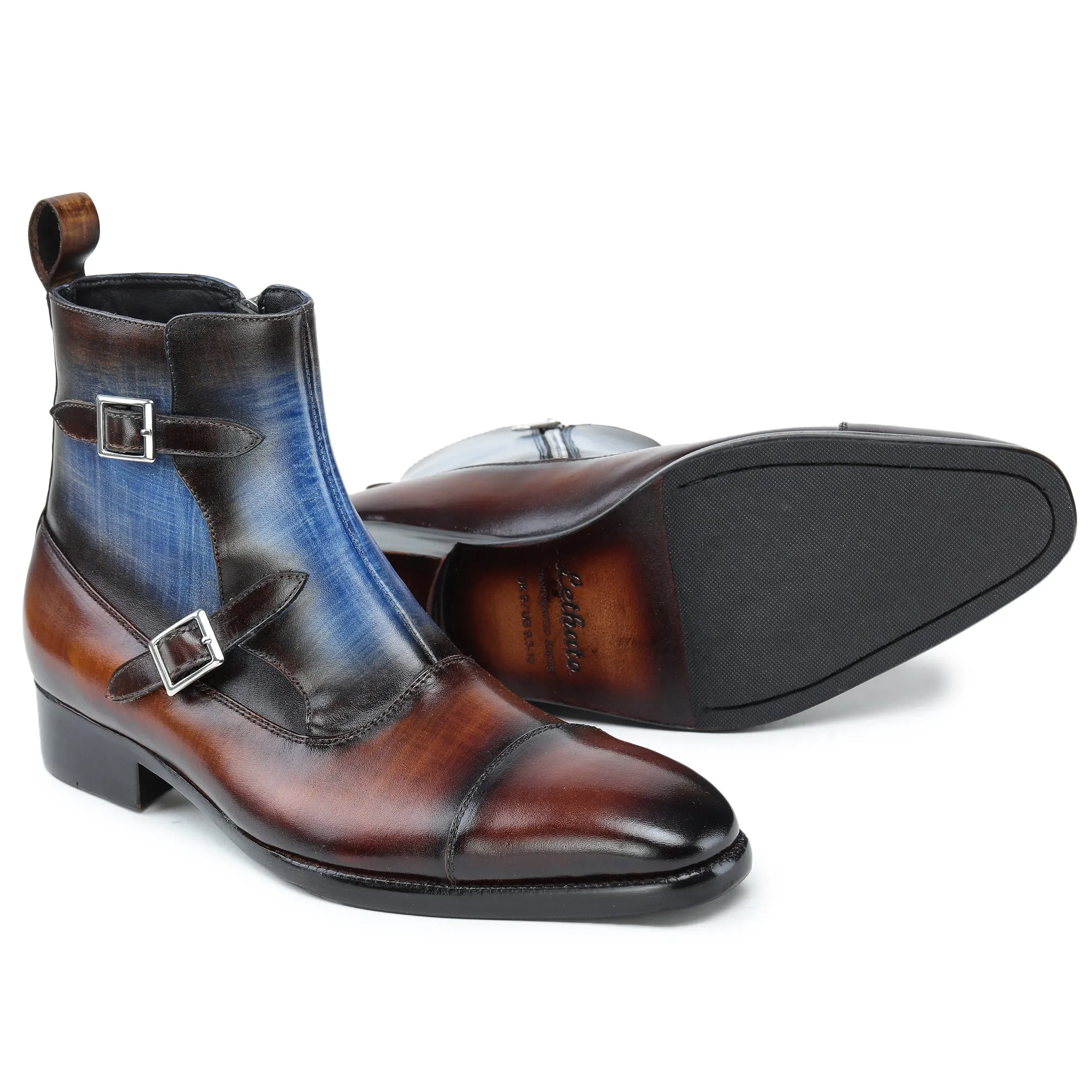 Captoe Double Monk Strap Zipper Boots - Brown & Blue