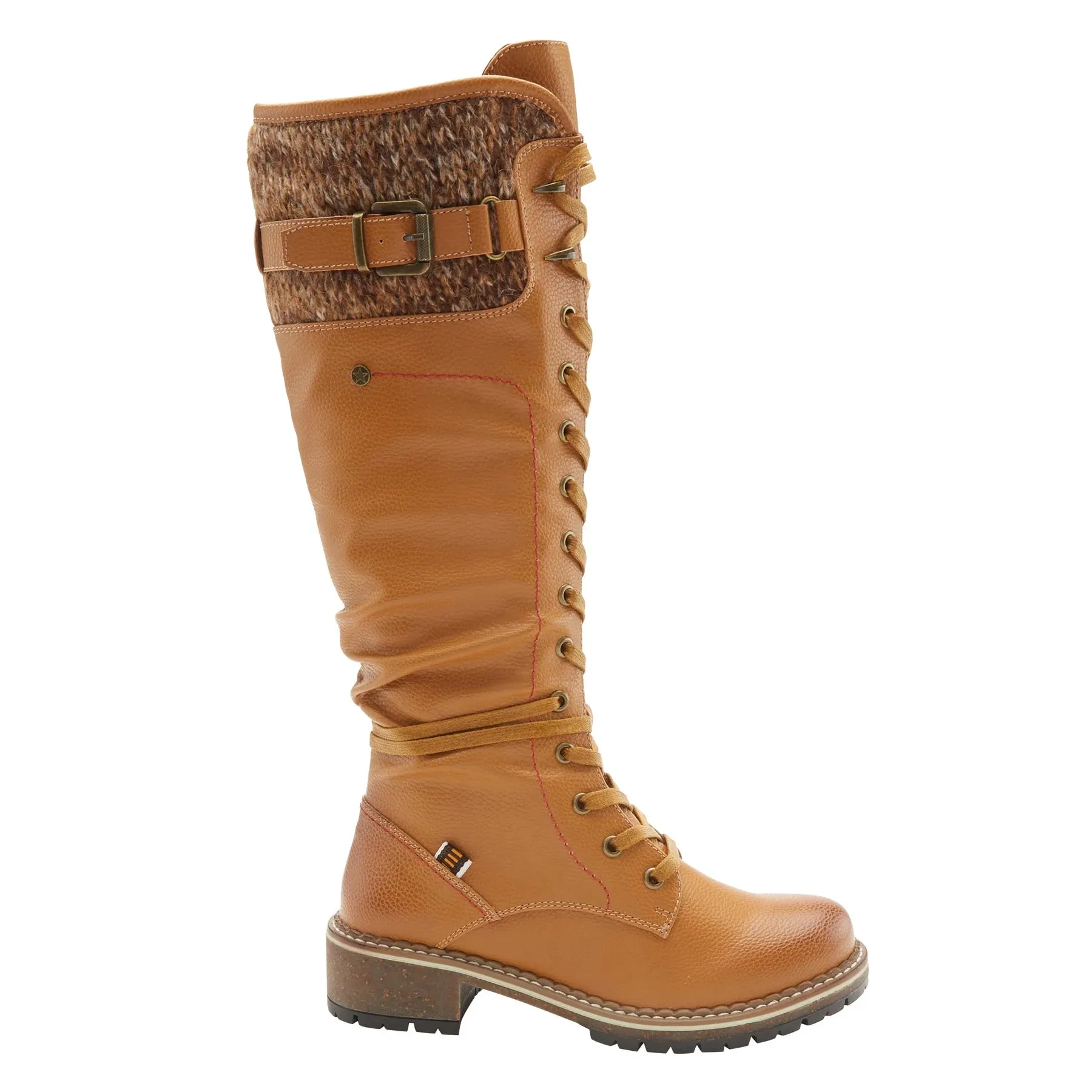 Chilly Knit Cuff Mixed Media Tall Vegan Boot in Camel CLOSEOUTS