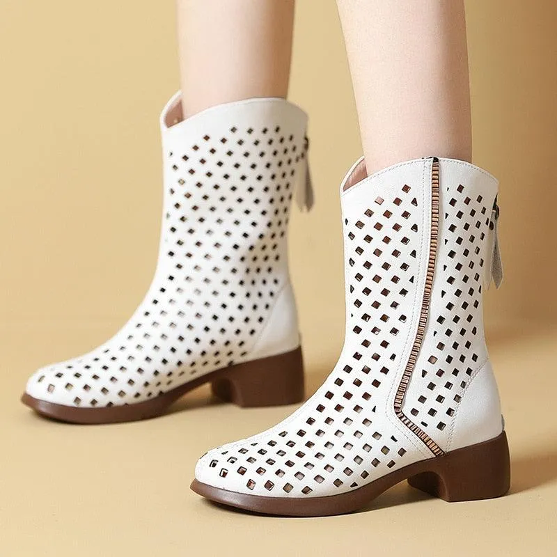 Fashionable Hollow Leather Mid-Calf Boots: RV215 Women's Casual Shoes