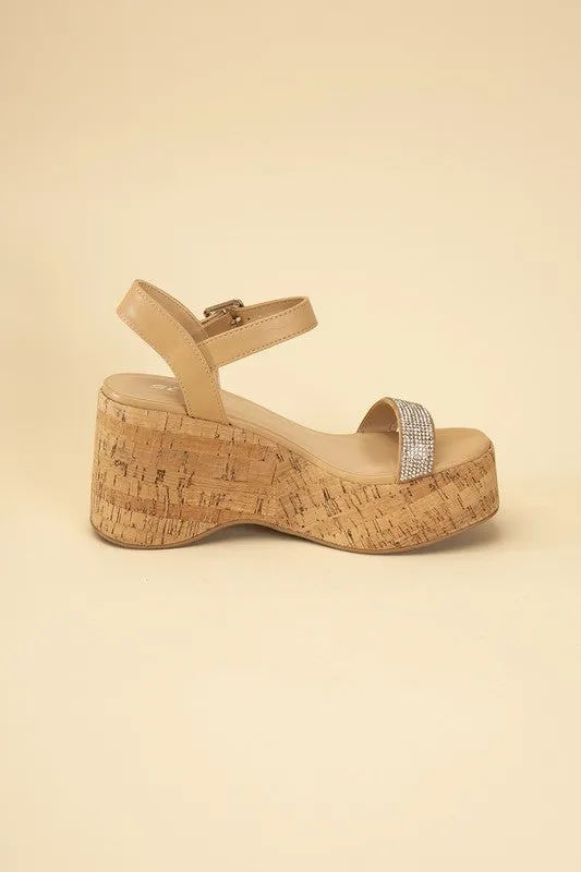 FRAYA CORK RHINESTONE STRAP SANDALS