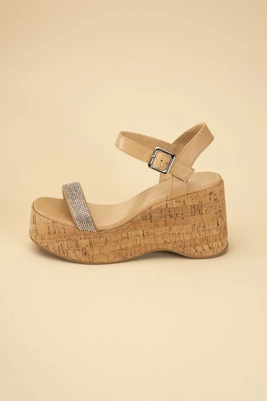 FRAYA CORK RHINESTONE STRAP SANDALS