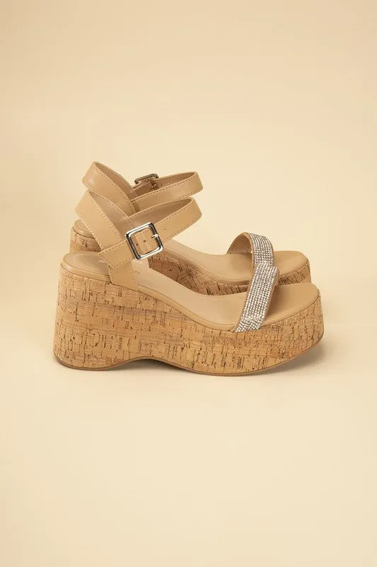 FRAYA CORK RHINESTONE STRAP SANDALS