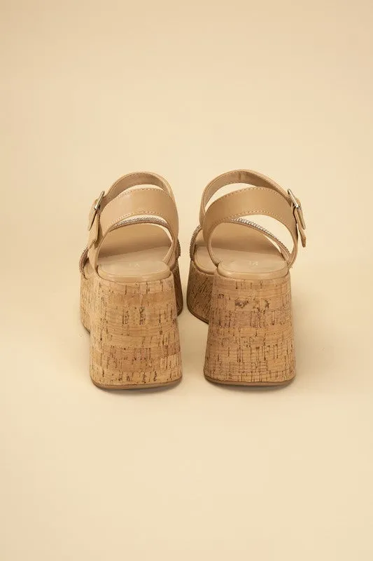 FRAYA CORK RHINESTONE STRAP SANDALS