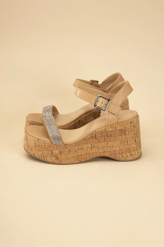 FRAYA CORK RHINESTONE STRAP SANDALS