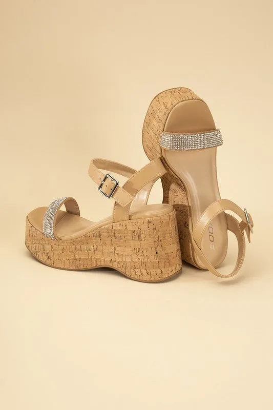 FRAYA CORK RHINESTONE STRAP SANDALS