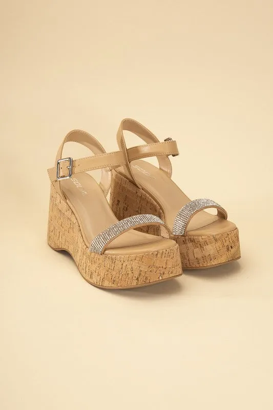 FRAYA CORK RHINESTONE STRAP SANDALS