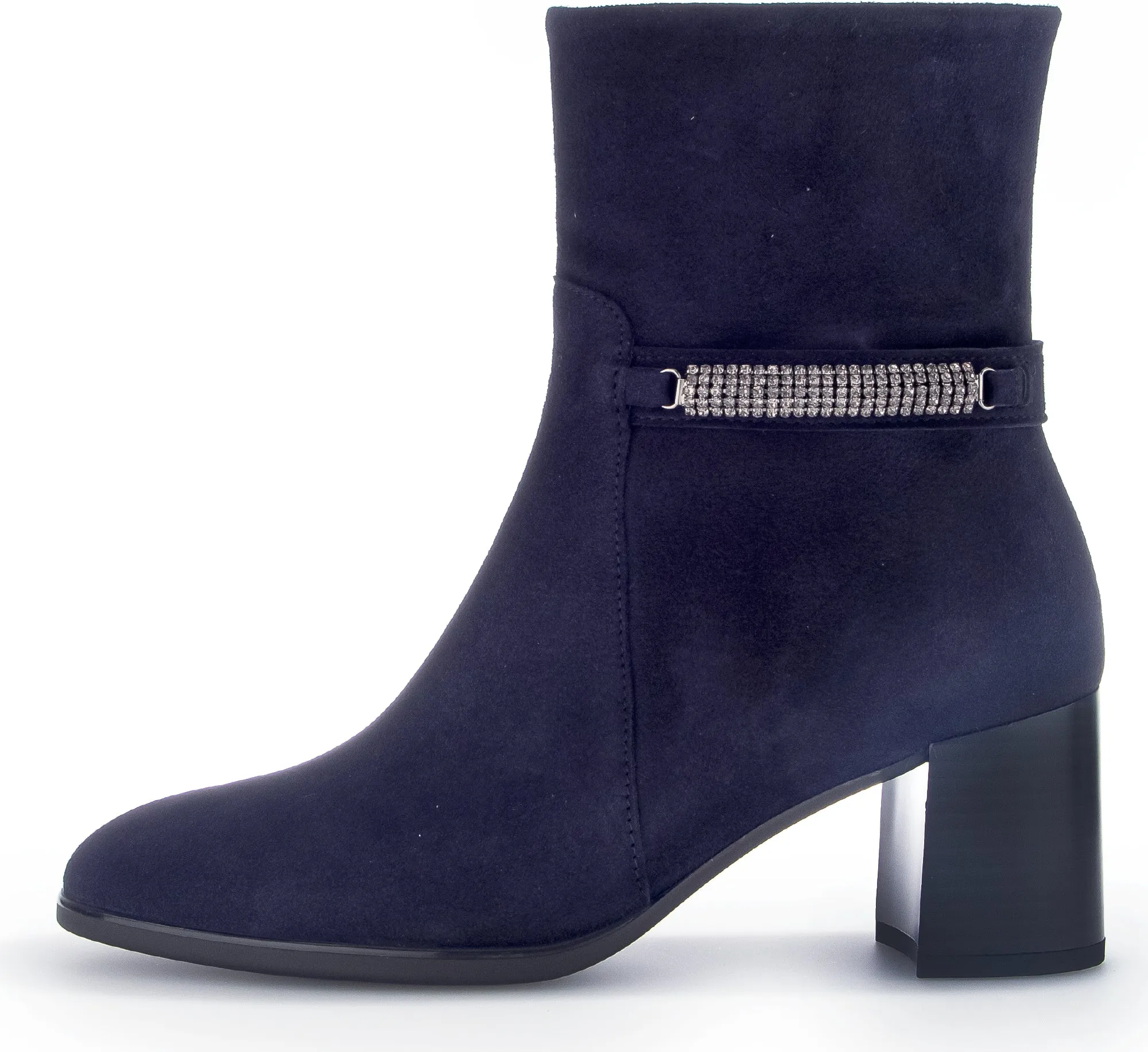 GABOR Navy Suede Block Heel Boot with Diamante Strip 53116