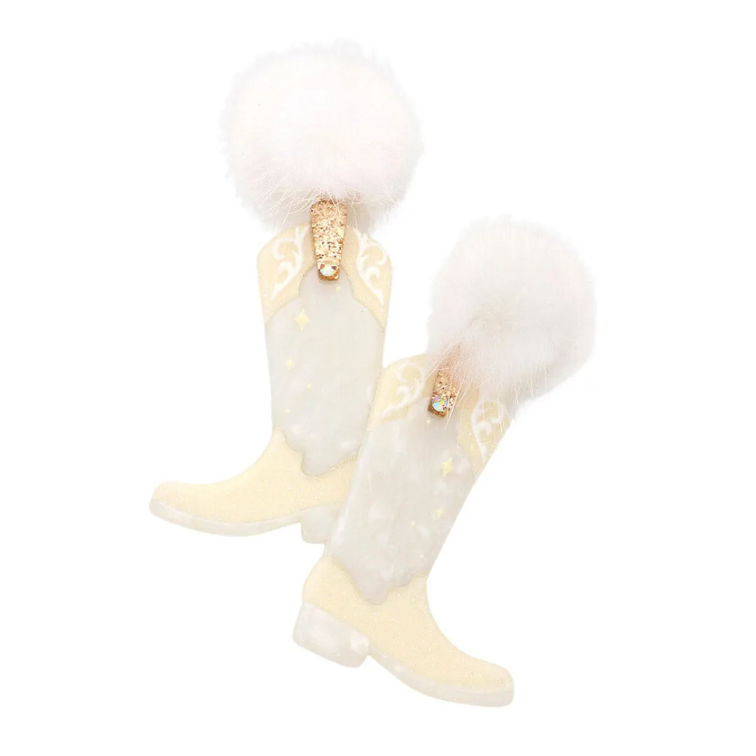 Pom Pom Resin Western Boots Link Dangle Earrings