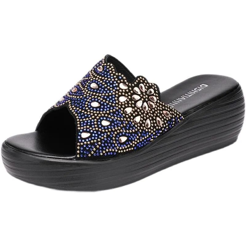 TM1153 Rhinestone Leather Women's Casual Shoe Slippers with Wedges