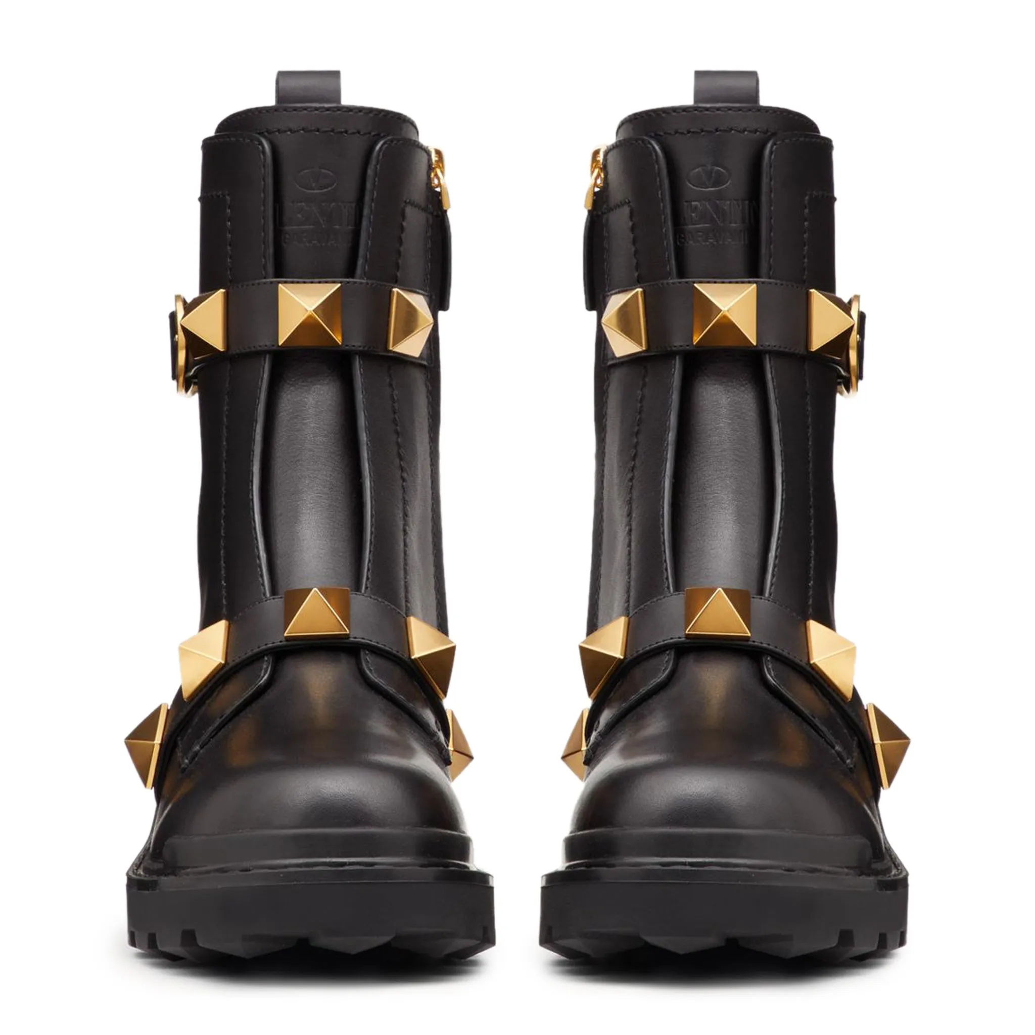 Valentino Roman Stud Calfskin Combat 40MM Black Gold Boot