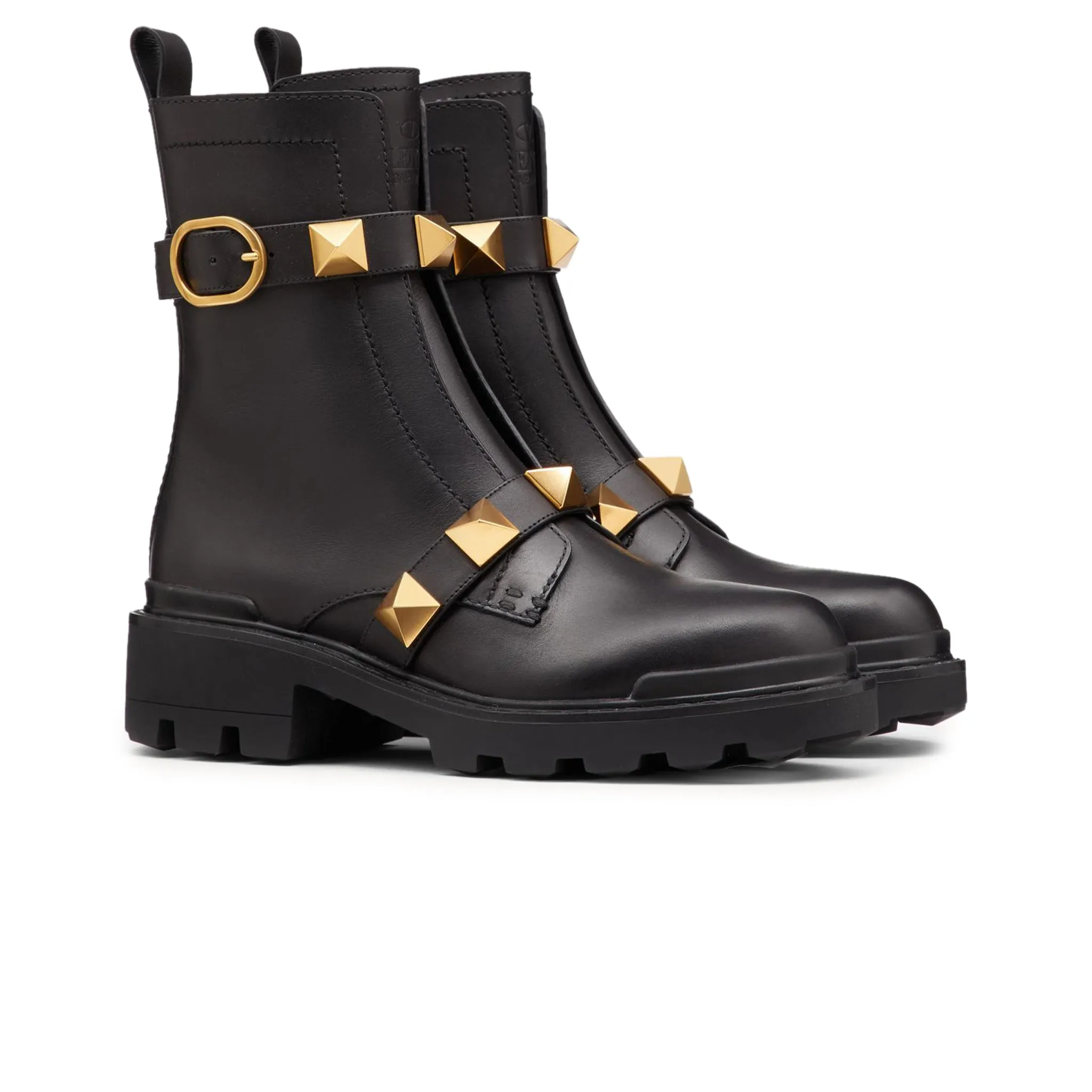 Valentino Roman Stud Calfskin Combat 40MM Black Gold Boot