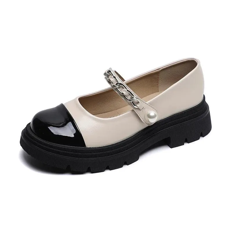 W8056 Women's Casual Shoes - Leather Mary Jane Low Heels