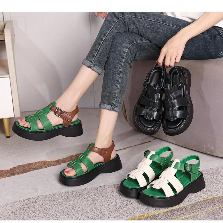 Women's Casual Shoes: GP1255 Leather Roman Wedges with Woven Thick Sandals