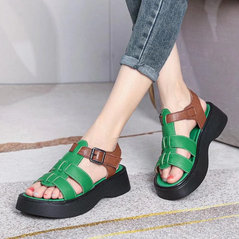 Women's Casual Shoes: GP1255 Leather Roman Wedges with Woven Thick Sandals