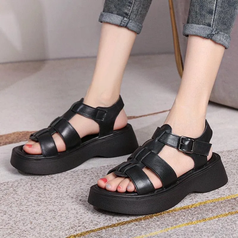 Women's Casual Shoes: GP1255 Leather Roman Wedges with Woven Thick Sandals